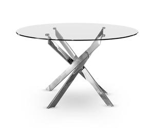 Menzzo Table à Manger Ronde Croisade en Verre et Chrome - Table de Salle à Manger Design Moderne pour 6 Personnes - Diamètre 130 cm - Pied Central chromé - L130 x P130 x H70 cm