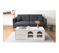 Menzzo Table Basse Volos 100 cm Blanc Texturé avec Rangement Portes Vitrées et Tiroirs - Meuble Salon Design Naturel Chic