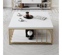 Menzzo Table Basse carrée Olliana 90x90cm Bois Blanc et Métal Or
