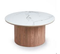 MENZZO Table basse moderne ronde 80cm Eglantine Bois et Céramique Effet marbre Blanc