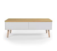 Menzzo Table Basse scandinave Bergen - Blanc & Bois Clair - Plateau spacieux et rangements tiroirs - Design Nordique Moderne
