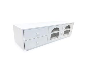 Menzzo Table Basse Volos 100 cm Blanc Texturé avec Rangement Portes Vitrées et Tiroirs - Meuble Salon Design Naturel Chic