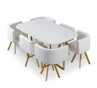Menzzo Table Carré Salle à Manger avec Chaises Scandinaves Encastrable |Chaises Revêtement Simili | Assise Moelleuse et Confortable | Modèle Oslo XL | L150 x P90 x H75 cm - Bois/Blanc - Taille Unique