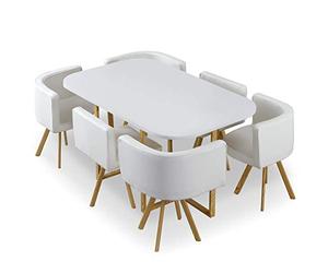 Menzzo Table Carré Salle à Manger avec Chaises Scandinaves Encastrable |Chaises Revêtement Simili | Assise Moelleuse et Confortable | Modèle Oslo XL | L150 x P90 x H75 cm - Bois/Blanc - Taille Unique