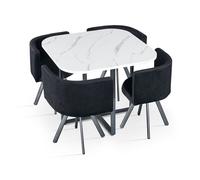 MENZZO Table carrée 90cm avec 4 chaises gain de place Oslo Effet marbre blanc et Velours Noir - table à manger