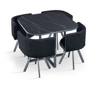 MENZZO Table carrée 90cm avec 4 chaises gain de place Oslo Effet marbre noir et Velours Noir - table à manger