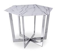 Menzzo Table hexagonale 120cm Zadig Verre Effet marbre Blanc et Pied Métal Argent