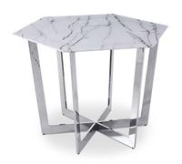 MENZZO Table hexagonale 120cm Zadig Verre Effet marbre blanc et pied Métal Argent - table à manger L120 x P120 x H75 cm