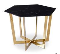 Menzzo Table à manger Zadig hexagonale 120 cm Verre effet marbre noir Pied métal or