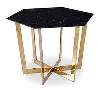 Menzzo Table hexagonale ZADIG 120 cm - Plateau Verre Effet marbre Noir & Pieds métal doré - Table Salle à Manger Design pour 6 Personnes