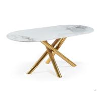 MENZZO Table ovale 90x180cm Rusking Effet marbre blanc et pieds croisés Métal doré - table à manger
