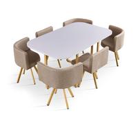 MENZZO Table rectangulaire 150cm avec 6 chaises gain de place Oslo Blanc et Tissu Taupe - table à manger