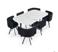 MENZZO Table rectangulaire 150cm avec 6 chaises gain de place Oslo XL Effet marbre blanc et Velours Noir - table à manger