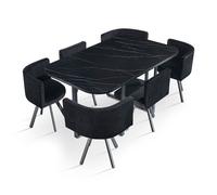 MENZZO Table rectangulaire 150cm avec 6 chaises gain de place Oslo XL Effet marbre noir et Velours Noir - table à manger