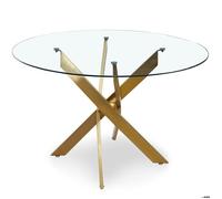 Menzzo Table à manger ronde Corix – verre transparent – pieds dorés – 100 cm