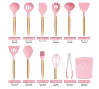MEOKY Ensemble de 12 ustensiles de cuisine en silicone avec petit porte-objets - Rose