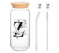 MEOKY Verre à café glacé moderne en verre, 500 ml, haut, monogramme Z, couvercle en bambou et paille, gobelet pour boissons froides (thé glacé, jus, boba), 1 pièce