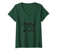 Meow About That Life - Amoureux des Chats ludiques T-Shirt avec Col en V, Femme, Vert Forêt, XXL