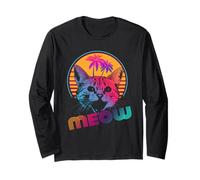Meow Cat Outrun Retro 80s Vintage Funny Cats Lover Manche Longue