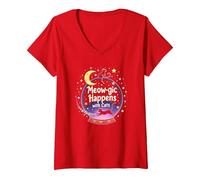 Meow-gic Happens with Cats Enchantering Crystal Ball T-Shirt avec Col en V, Femme, Rouge, M