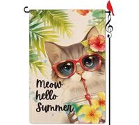 Meow Hello Drapeau de jardin d'été Motif chat mignon Petit drapeau extérieur Double face Terres agricoles Bienvenue cour pelouse Hiver De