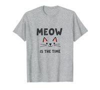 Meow is The Time : Visage de Chat Mignon pour Les Amateurs de félins T-Shirt, Homme, Gris Chiné, 5XL