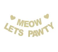 Meow Let's Pawty Bannière - Toile de fond pour fête d'anniversaire de chaton - Accessoires photo en papier doré à paillettes