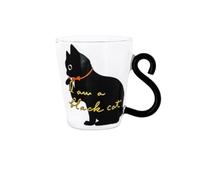 Meow Tasse en verre avec poignée en queue - 300 ml - Tasse résistante à la chaleur pour café, thé, lait - Plusieurs motifs de chat (chat noir - « I am a black cat », collier orange)