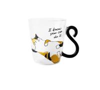 Meow Tasse en verre avec poignée en queue de 300 ml - Tasse résistante à la chaleur pour café, thé, lait - Plusieurs motifs de chat (Lazy Calico Cat - « I know you can do it » design, couché calicot