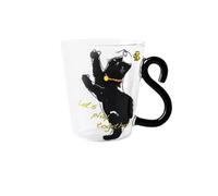 Meow Tasse en verre avec poignée en queue - Tasse résistante à la chaleur 300 ml pour café, thé, lait - Plusieurs motifs de chat (papillon chat noir - « Let's play together ! », chat noir atteignant