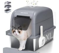 MeoWant Bac à Litière pour Chat en Acier Inoxydable, XXL Bac à Litière avec Pelle, Type Fermé en Forme de U Toilette, 81L Toilettes pour Chat Amovibles avec pédale, Pelle et Tapis (Gris)