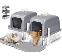 MeoWant Bac à Litière pour Chat en Acier Inoxydable, XXL Bac à Litière avec Pelle, Type Fermé en Forme de U Toilette, 81L Toilettes pour Chat Amovibles avec pédale, Pelle et Tapis (Gris 2pcs)