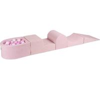 MeowBaby Aire de jeux en mousse 4 éléments avec petit bain de balles, 100 balles, 57x45x30cm, velours, rose poudré : blanc, rose pastel