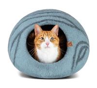 MEOWFIA Cave à Chat en Feutre - Lit Grotte Cosy Laine Mérinos, Fait à la Main - Maison pour Chats et Chatons (Moyen, Bleu Vert)