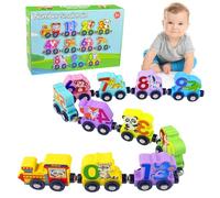 MeoZynxadril 11 Voitures Train en Bois Enfant, Train Enfant, Trains à Chiffres avec Aimants, Chiffres et Animaux, Combinable, Jouet en Bois, Jeux Educatif Montessori pour Garçons Filles