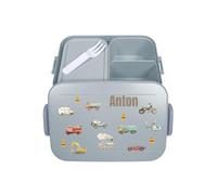 Mepal Bento Boîte à déjeuner Take a Break personnalisable, boîte à déjeuner avec insert compartiments, boîte à lunch avec nom, motif de véhicules midi, imprimé coloré, bleu clair
