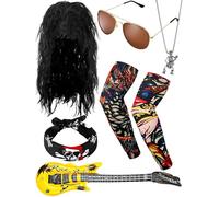 Mepase Lot de 9 costumes de rock d'Halloween des années 80 avec perruque en tissu, bandeau, tatouage, manche, gants, lunettes, guitare gonflable, Couleurs classiques., taille unique