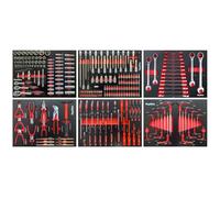 Mephisto 6 inserts avec outils tels que clés à cliquet, jeu de douilles, jeu d'embouts, pinces, tournevis, six pans creux, six ronds creux, clés mixtes à cliquet dans des insert souples en Carbon Lock