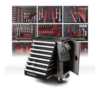 Mephisto Chariot à outils avec roulettes avec 8 tiroirs, dont 8 tiroirs avec outils tels que clés anglaises, cliquet avec boîte à noix, etc