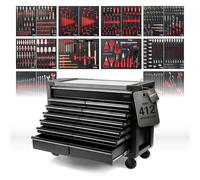 Mephisto Chariot à outils Double Full Black Pro-Line rempli, 13 tiroirs | Chariot d'atelier avec outils tels que pinces VDE ouille, cliquet en incrustations souples en carbone Lock