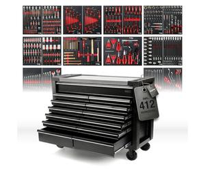 Mephisto Chariot à outils Double Full Black Pro-Line rempli, 13 tiroirs | Chariot d'atelier avec outils tels que pinces VDE ouille, cliquet en incrustations souples en carbone Lock