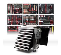 Mephisto Chariot d'atelier avec 9 tiroirs Dont 9 tiroirs remplis d'outils comme clés à molette, cliquet avec écrou, anglais, etc. avec inserts souples en optique carbone