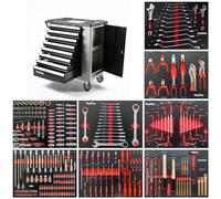 Mephisto Chariot XXL d'atelier avec 8 tiroirs dont 8 remplis d'outils comme clés à molette, cliquet avec écrou, tournevis, etc. avec tiroirs en incrustation souple en optique carbone