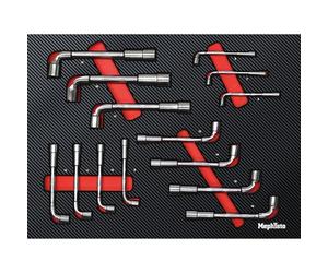 Mephisto Kit d'outils Pro Line - Insert pour chariot d'atelier - Jeu de clés à tête de pipe - Double jeu de clés à douille hexagonales - 14 pièces - Avec incrustation souple aspect carbone