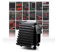 Mephisto ProLine Full Black Servante d'atelier avec 9 tiroirs Dont 9 avec Outils tels Que clé, cliquet avec boîtier à écrous, Tournevis, VDE en incrustations Souples en Aspect Carbone