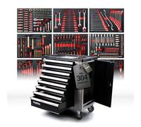 Mephisto Servante d'atelier avec étagère en Acier Inoxydable et 8 tiroirs, 8 Dont 8 avec Outils tels Que clé à Anneau, cliquet avec boîte à Noix, etc. avec incrustations Souples Aspect Carbone