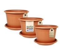 MePla Lot de 3 pots de fleurs cylindriques de 18 cm de diamètre + soucoupe de 17 cm de diamètre, terre cuite, résistant aux intempéries, en plastique résistant aux UV