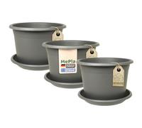 MePla Lot de 3 pots de fleurs cylindriques de 60 cm de diamètre + soucoupe de 58 cm de diamètre, anthracite, résistants aux intempéries, en plastique résistant aux UV