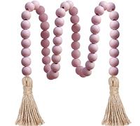Meplait Guirlande de perles en bois de 100 cm avec pompons - Décoration rustique - Perles de prière bohème chic - Décoration murale - Rose