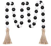 Meplait Guirlande de perles en bois - Perles de ferme de 99,1 cm avec pompons pour décoration de plateau à étages - Noir et blanc